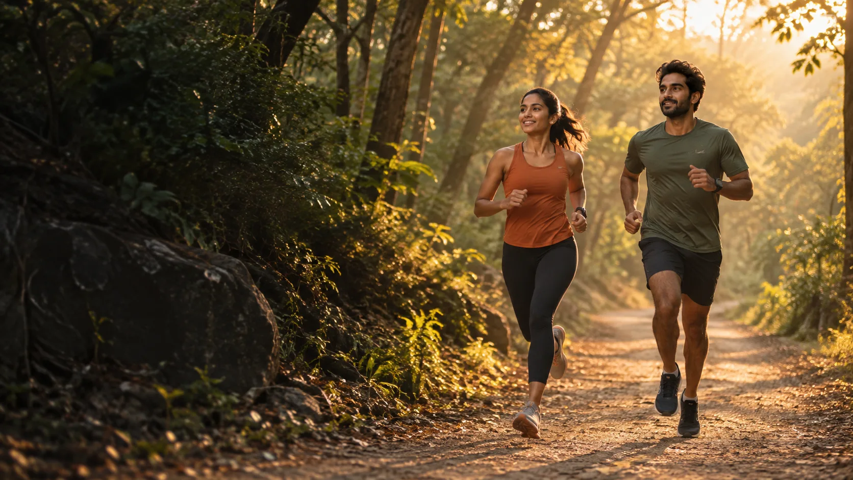 A woman and man running together on a forest trail at sunrise.